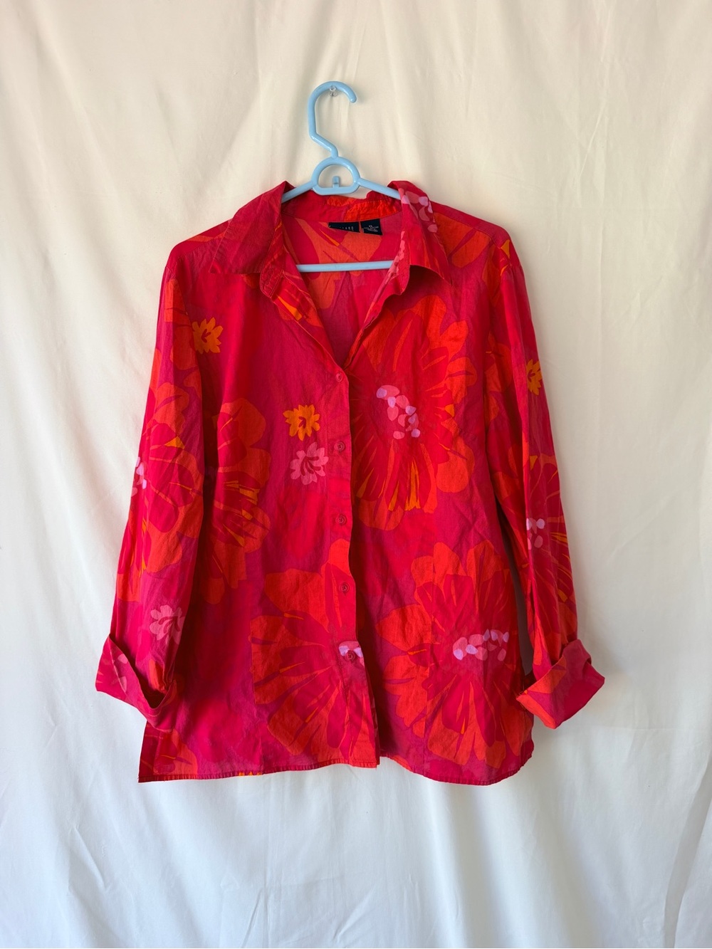 Vintage 90s Hilliard Hanson Floral Shirt XL Hot Pink Orange Cotton Button Up